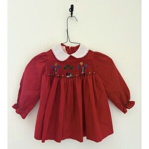 Vintage Deborah Tingle Red Smocked Dress Panda Ballons Long Sleeve Toddler 9-12M